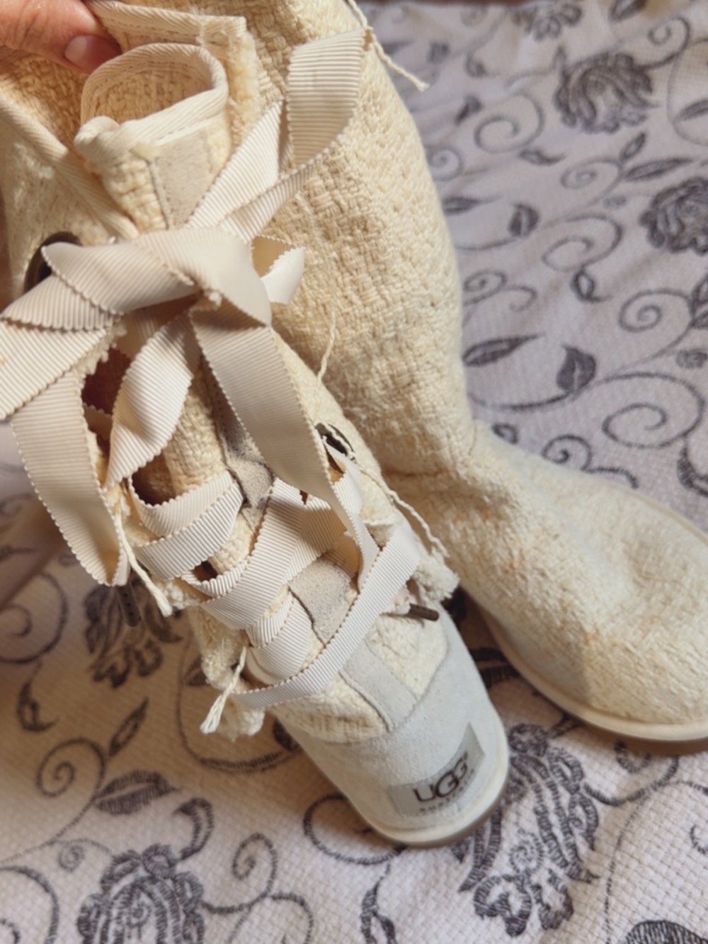 UGG Cream Ribbon Lace Textured Boots